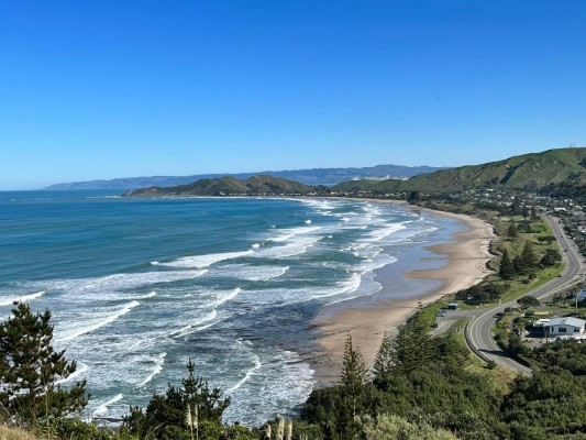 Looking south along Okitu and Wainui Beaches, photo by Catherine McDonald