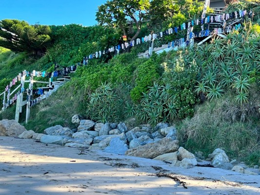 Wainui Beach jandal fence, photo by Catherine McDonald
